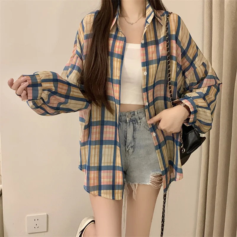 kf Sc15a69a765c64366940b4a7d4e5b4ffcz Oversized Long Sleeve Check Shirt Women Summer Lightweight Button Front Plaid Blouse Ladies Teengirl Preppy Daily