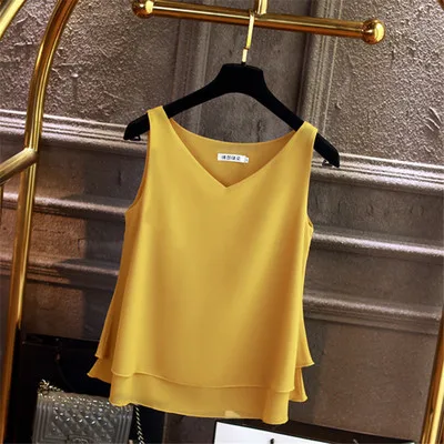 kf Sc20558c46fed47bf9ad76d91e505c037A 2024 Fashion Brand Women s Blouse Tops Summer Sleeveless Chiffon Shirt Solid V neck Casual Blouse