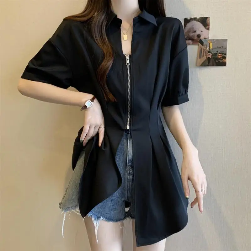 kf Sc29e6f671a534dbc8bc3cbcafe472c87X Fashion Lapel Zipper Solid Color Folds Chiffon Shirts Female Clothing 2024 Summer New Loose All match