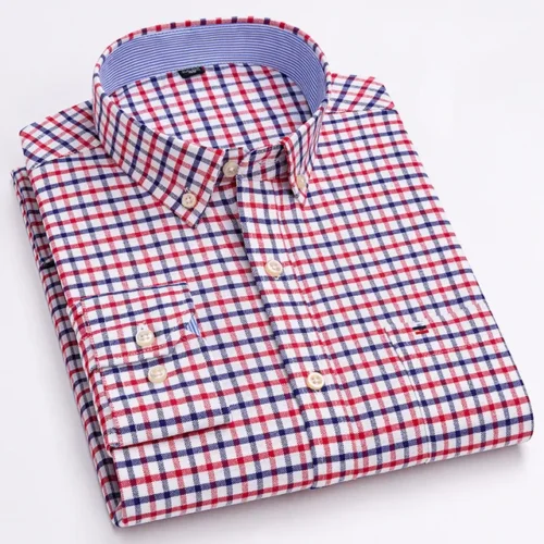 kf Sc5174861be3d4836917b9b397348d9150 Men s 100 Cotton Shirt Long Sleeve Plaid Oxford Casual Solid Color Print Regular Fit Formal