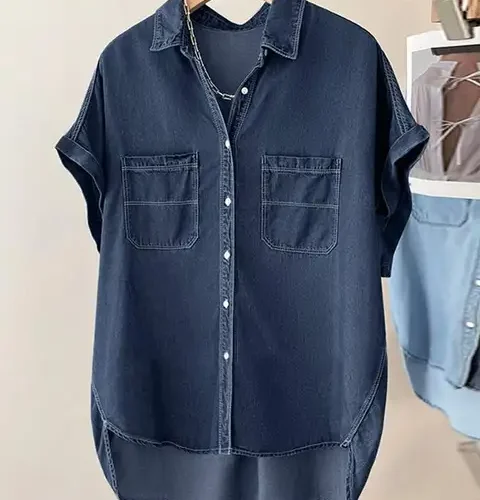 kf Sc60d64a9349c4ec8996bef5dc04cd05a4 ZANZEA 2024 Elegant Short Sleeve Demin Blue Blouse Women Casual Solid Loose Tops Tees Summer Button 1