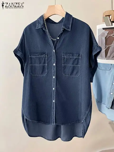 kf Sc60d64a9349c4ec8996bef5dc04cd05a4 ZANZEA 2024 Elegant Short Sleeve Demin Blue Blouse Women Casual Solid Loose Tops Tees Summer Button 1