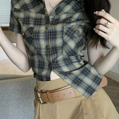 kf Sc6ac85b0a9c74f26ac46418f0346d86ba Zoki Vintage Slim Women Plaid Shirt Casual Harajuku Short Sleeve Blouse Summer Retro Korean Single Breasted