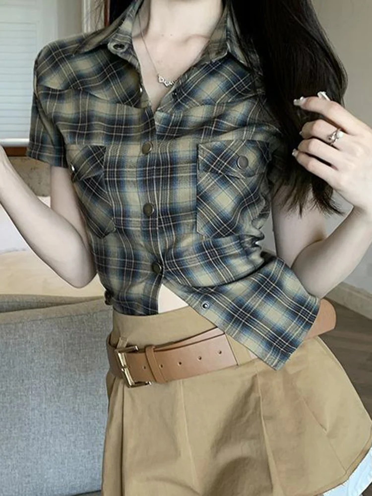 kf Sc6ac85b0a9c74f26ac46418f0346d86ba Zoki Vintage Slim Women Plaid Shirt Casual Harajuku Short Sleeve Blouse Summer Retro Korean Single Breasted