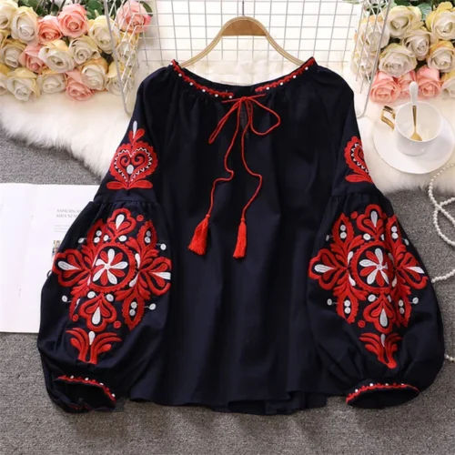 kf Sc7170c077c1844e48380b0c35aa80d61Y EWQ Sweet Style Women Pullover Shirts Embroidery Patchwork Bandage V neck Lantern Sleeve Spring Summer 2023