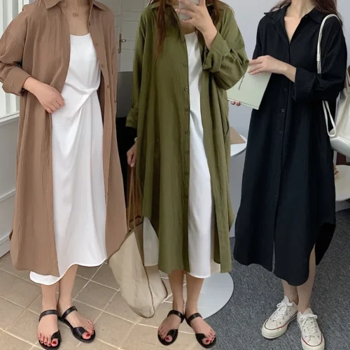 kf Sc80ff7f8c2f94ab08e36e20414612110B TFETTERS Long Shirt Dresses Women Korean Fashion Casual Loose Long Sleeve Shirt Women X Long Knee