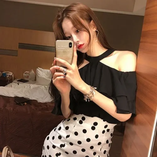 kf Sc8473332202c402e919599c7ead5a5499 Off Shoulder Halter Sexy Chiffon Blouse Women 2022 Korean Ruffles Summer Woman Shirt Short Sleeve Solid