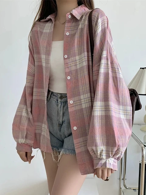 kf Sc92665abbc144261930cc6fbd018d241c Plaid Shirt Women Autumn Long Sleeve Top Female Vintage Fashion Single Breasted Blouse Ladies Preppy Style