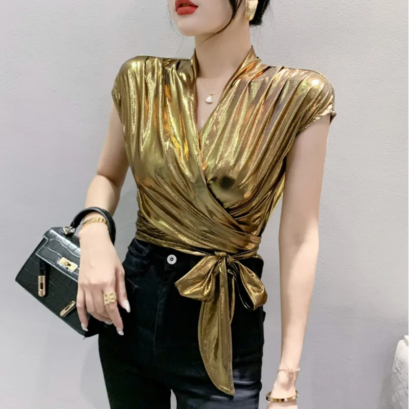 kf Sc9576afe683f4a6e8a0520542366629cH Street wear Gold Silver Green Shinny Short Sleeve Blouse Women Sexy Irregular Short Wrap Shirt Female