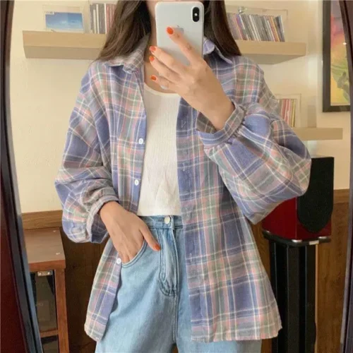 kf Scb8dbe26b7fd4785adedb45c12e576e5q Plaid Shirt Women Autumn Long Sleeve Top Female Vintage Fashion Single Breasted Blouse Ladies Preppy Style