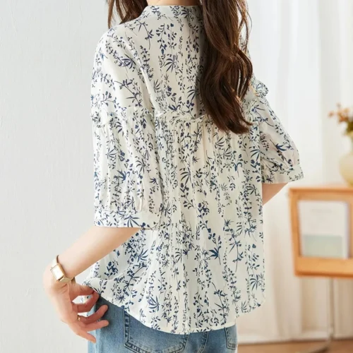 kf Sccf20fafa96c4adf933bd4d6ae63ce2bC 2024 Spring Summer Flower Printed Cotton Shirt Round Neck Women Blouse 3 4Sleeve Summer Single breasted