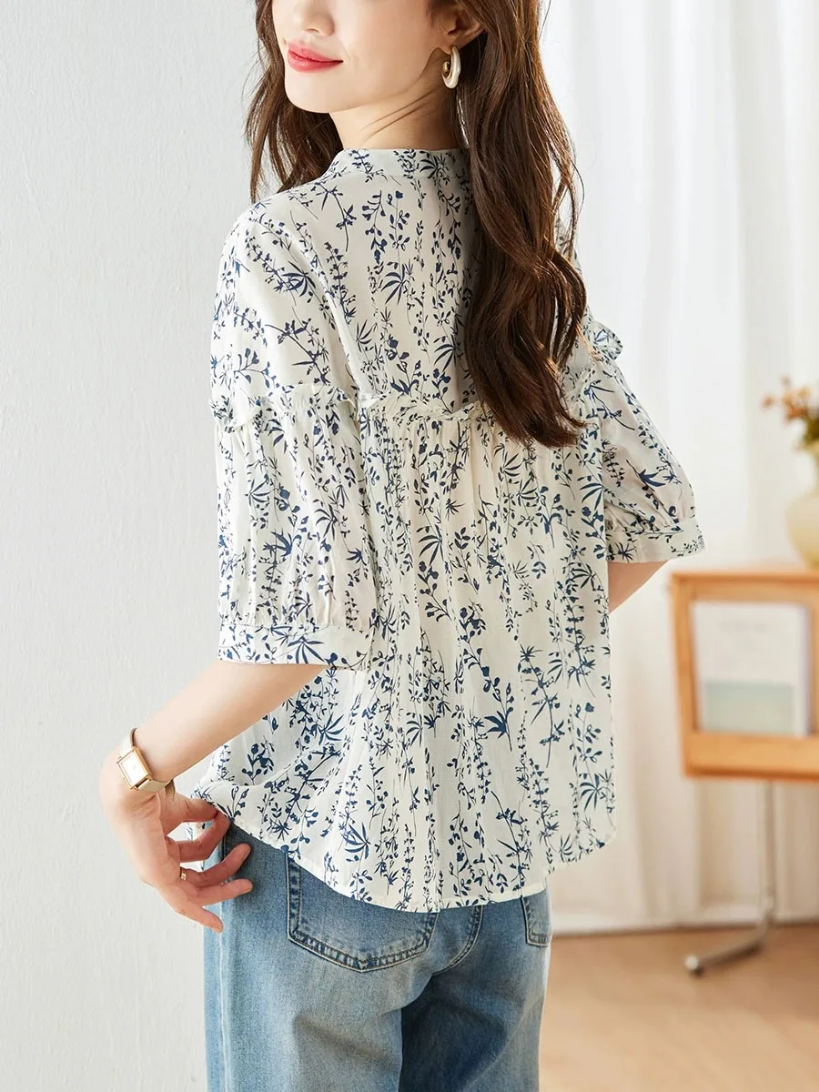 kf Sccf20fafa96c4adf933bd4d6ae63ce2bC 2024 Spring Summer Flower Printed Cotton Shirt Round Neck Women Blouse 3 4Sleeve Summer Single breasted