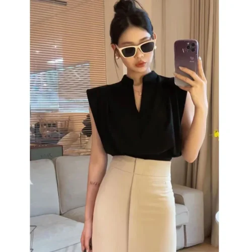 kf Scde72336d5364dfb8a0ae66bc9608194x Deeptown Women Blouses V neck Korean Style Elegant Chic White Sleeveless Shirts Black Crop Tops Office