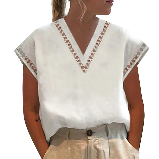 kf Sce53708e788945938f8089bfc1ad9dd6i Button up Women Blouse Solid Color Summer Hollow Out Pullover Lace Loose Short Sleeve Shirts camisas