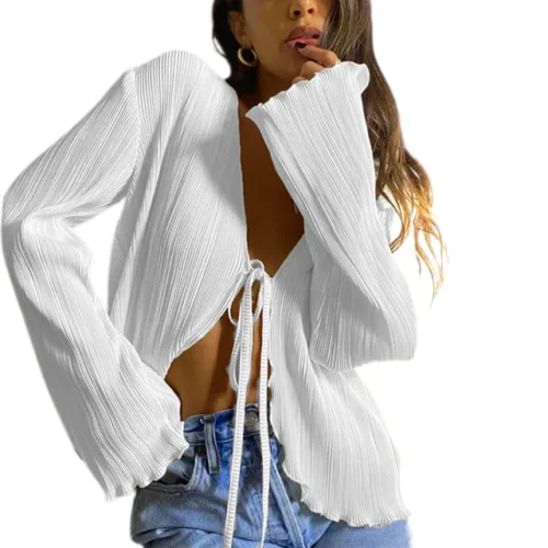 kf Sce60f579aa4e46b186108593f4d15be6t Combhasaki Women Solid Color Striped Cardigan Shirts Long Flare Sleeve Lace up Deep V Neck Ruffled