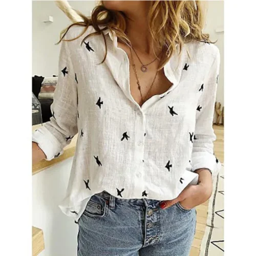 kf Scf8208e6764844908fcf463e006c7557B Elegant Cotton Linen Shirts Women Casual Solid Button Lapel Blouses Shirts Autumn Winter Long Sleeve Loose