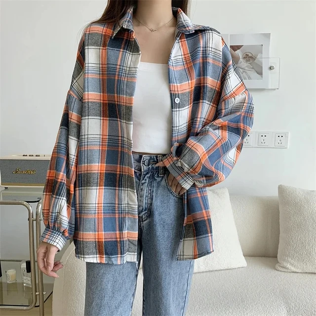 kf Scf9299512ba44568b45b2a4d0c95a2ffa Plaid Shirt Women Autumn Long Sleeve Top Female Vintage Fashion Single Breasted Blouse Ladies Preppy Style