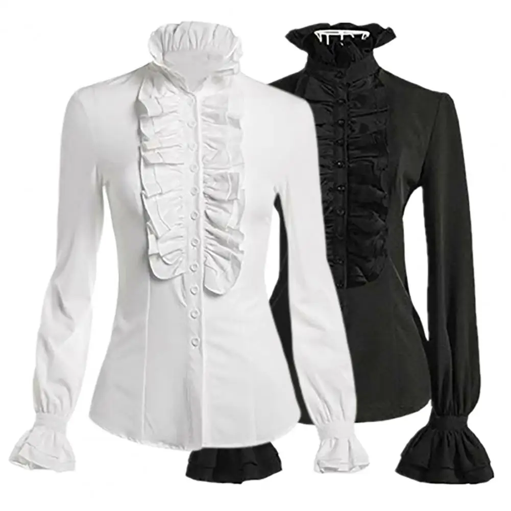 kf Scfd681dcacbc45c88678aaea757e4fd5x New Vintage Victorian Ruched Lace Shirts And Blouses Gothic Lolita Long Sleeve Ruffles Solid Black White