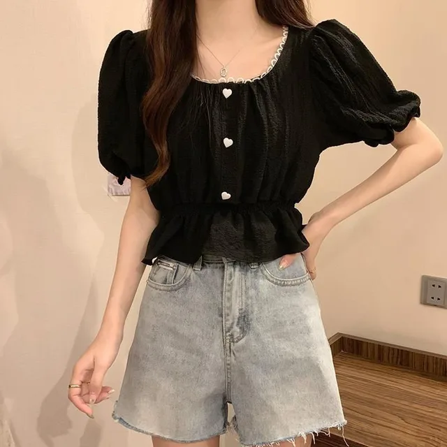 kf Scfde80a5be3346019b93e0d36cad4111Z Xpqbb Summer Puff Sleeve Chiffon Shirt Women Sweet Cute Ruffles Waist Tight Crop Tops Female Casual 1