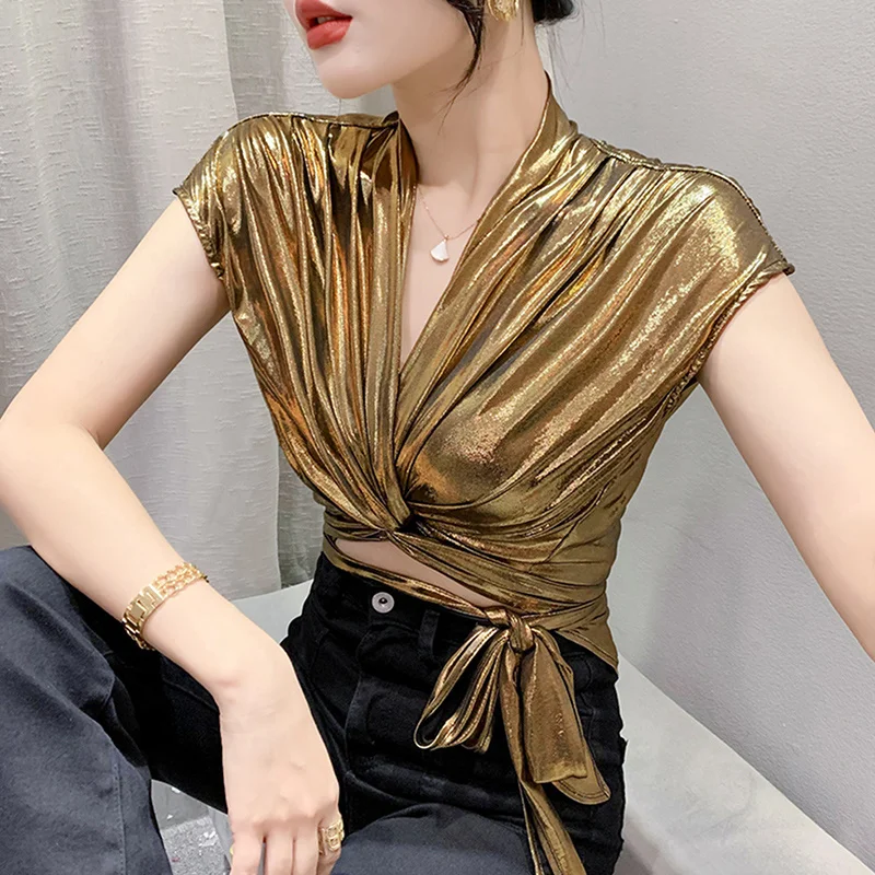 kf Sd00ad43ea0984699864b698c5383d162A Street wear Gold Silver Green Shinny Short Sleeve Blouse Women Sexy Irregular Short Wrap Shirt Female