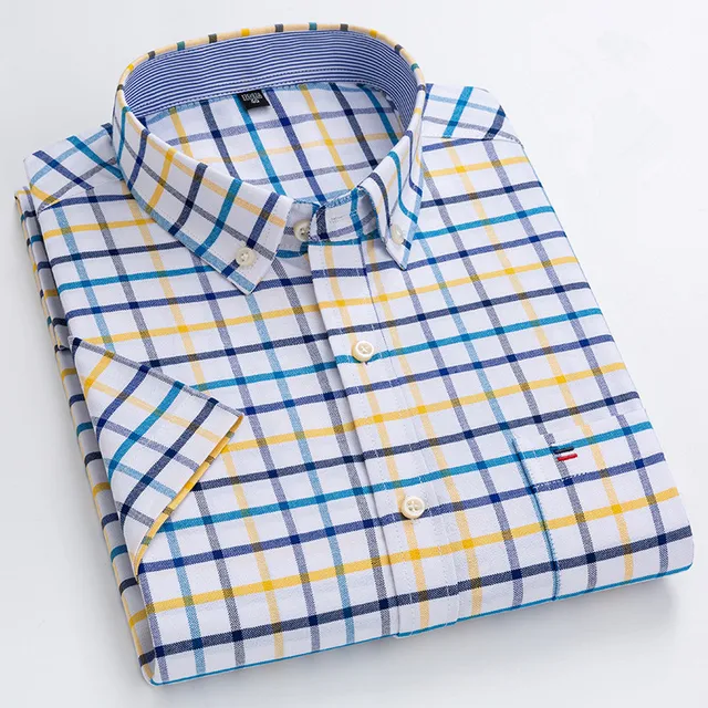 kf Sd23b80cf6dc34b6a9789dfb6a6fd8f36S New High Quality Cotton Shirts for Men Short Sleeve Summer Plaid Striped Male Business Casual White 1