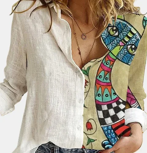 kf Sd2c4074e7be84cd4bcab452afe1bb4e3S New Patchwork Print Shirt Women Turn down Collar Long Sleeved Single Breasted Shirt Fashion Casual Office