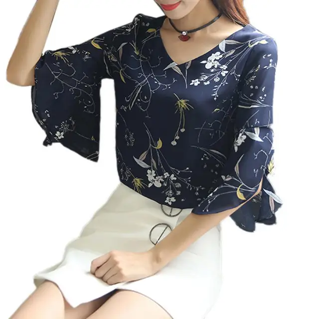 kf Sd30e7eddda8245f8b900d5c1275e2ea4Y Office Lady Fashion Flower Print Shirt Half Flare Sleeve V Neck Chiffon Blouse Casual Daily Wear