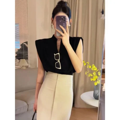 kf Sd652fcf42a4548138e9b91d08209bcffz Deeptown Women Blouses V neck Korean Style Elegant Chic White Sleeveless Shirts Black Crop Tops Office