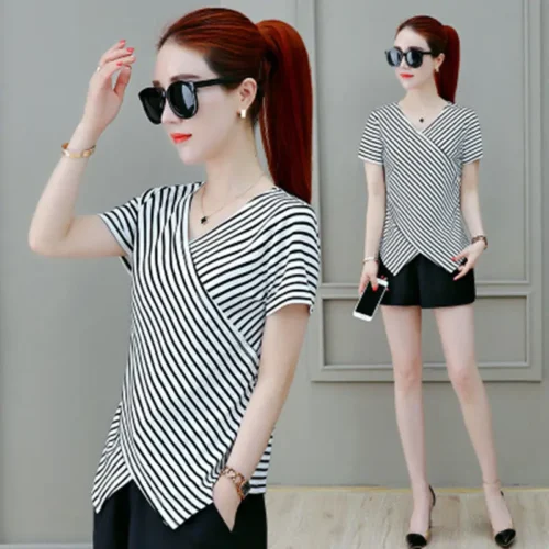 kf Sd78d90697aba487f9088724ca694d455n Fashion V Neck Short Sleeve Striped Irregular Blouses Women s Clothing 2024 Summer New Loose Casual