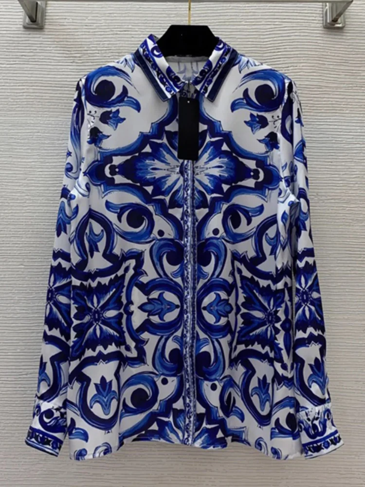 kf Sd8a1b15bd39b478681cd718f6b82bafaR Fashion blue and white porcelain printed casual loose shirt Spring new lapel single breasted long sleeve