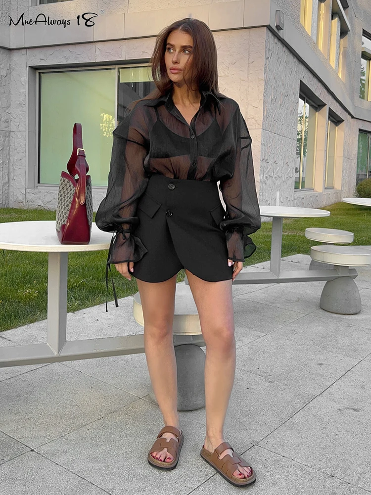 kf Sd9aaf7d61e9f4fb9afa79748b09f7148a Mnealways18 Fashion Organza Black Shirts Elegant Blouses Women 2024 Elegant Transparent Shirts Spring Lace Up Loose