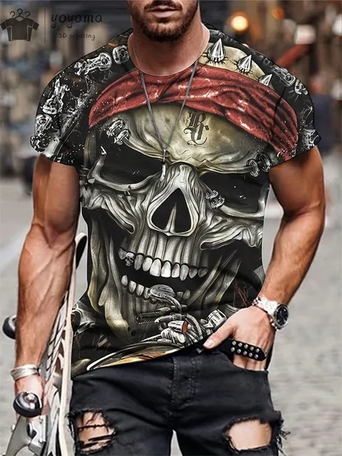 kf Sda45f084359b48d3b72cdbf7a7e679faf Men s Horror Skull Print T Shirt 3D Print Vintage O Neck Short Sleeve Fashion Oversized
