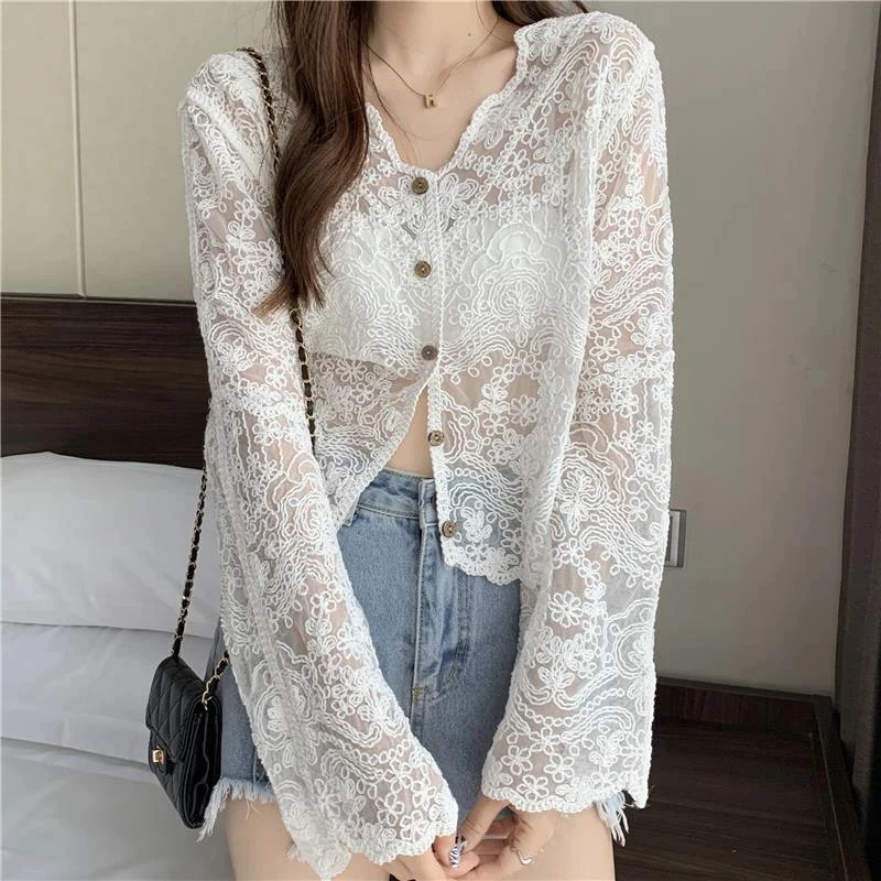 kf Sdc22189d0c444abe9124f45acf185159X MEXZT Vintage Lace Blouse Women Sheer Long Sleeve Sunscreen Shirt Cardigan Vacation Korean Elegant Casual Sun