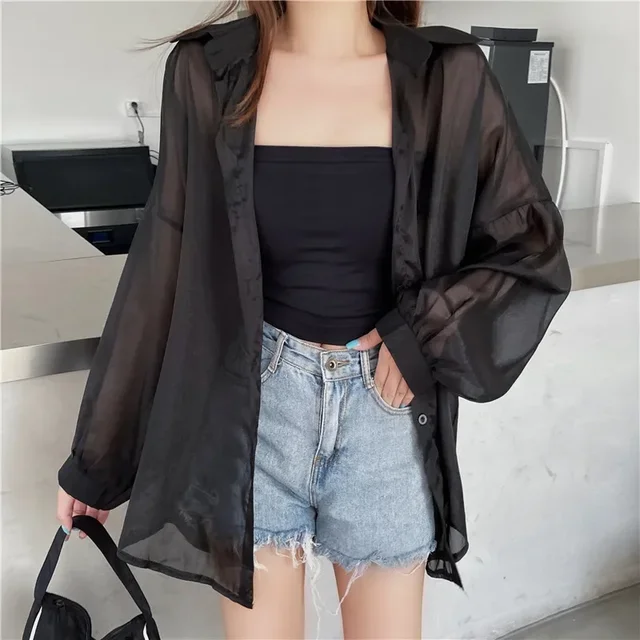 kf Sdcbae87cadfd47be9cca07527d1caaf4w Fashion Women Holiday Beach Shirts See Through Chiffon Blouse New Summer Tops Sun Protection Clothes Long 1