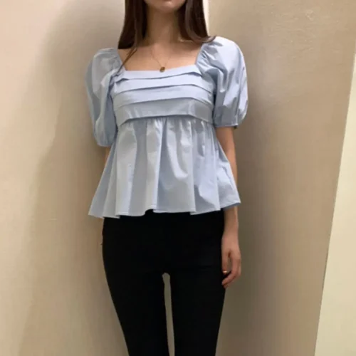 kf Sddbdd33c88674bb8910bcdacf45ba47di Puff Sleeves Blouse Fashion Pleated Square Collar Crop Top Tube Top A line Shirt Blouse Womne