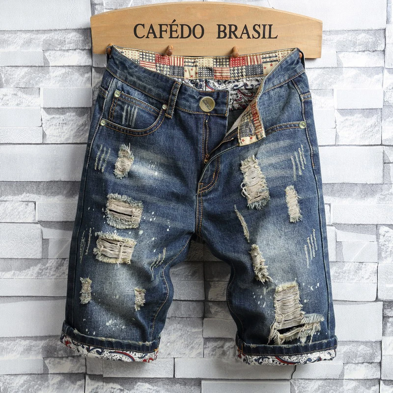 kf Sddd8c172b7384a7e8b83c2a9eece1c98P Men s Hole Denim Shorts 2024 Summer New Fashion Casual Slim Fit Ripped Retro Short Jeans