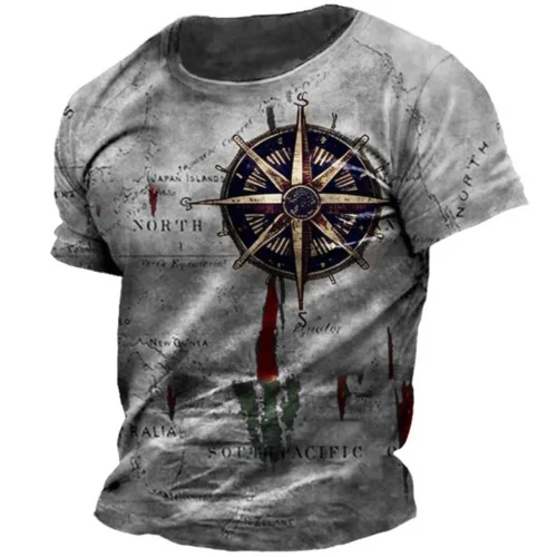 kf Sdeab61e8512a40a189b97261f29510151 Men s Vintage Nautical Map Compass Print T Shirt Summer Daily Loose Short Sleeve Male Tops