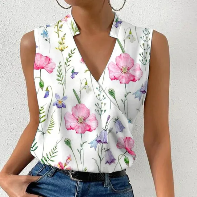 kf Sdf0fcdd61b0d463bb42bcfdad0b70a75q Fashion V neck Sleeveless Print Women Tops And Blouses 2023 Summer Casual White Tank Top Femme