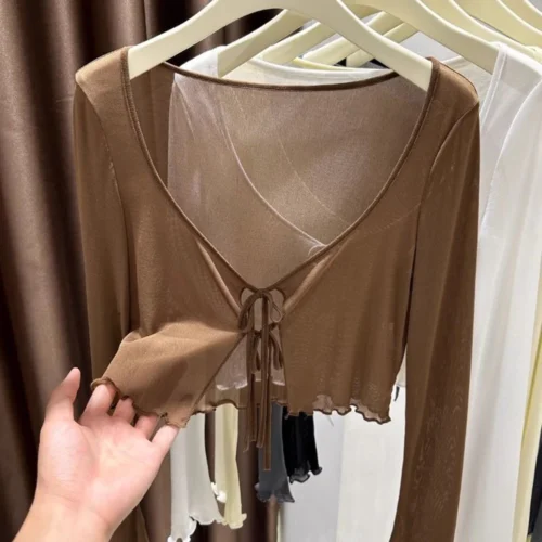 kf Se108f031228f44fea877e26506a851b7D Women s Summer Sunscreen Shirt Ice Silk Fabric Breathable Long Sleeves Lace Up Big U neck