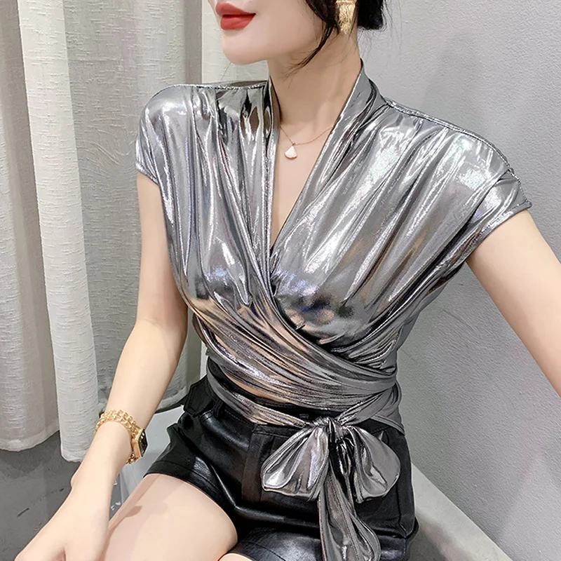 kf Se10ed0053af347149c2310656389036cI Street wear Gold Silver Green Shinny Short Sleeve Blouse Women Sexy Irregular Short Wrap Shirt Female