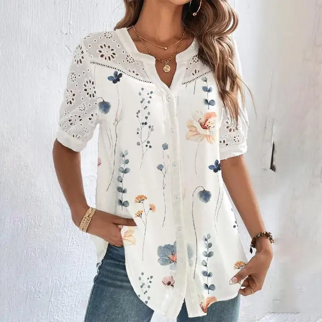 kf Se1b2411c256642329c9cd49ac29c043ap Temperament Casual Lace Woman Shirt Fashion Loose Shirt Woman Elegant Short Sleeve Blouse Holiday Weekend