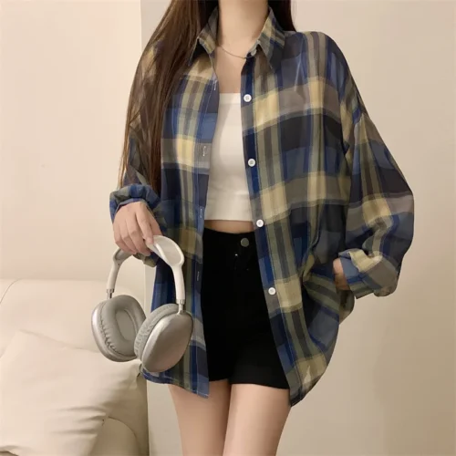 kf Se3accf4dc2fc4748a0e64e33efe6856am Oversized Long Sleeve Check Shirt Women Summer Lightweight Button Front Plaid Blouse Ladies Teengirl Preppy Daily