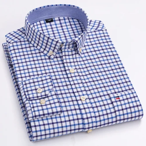 kf Se4745615efb749c89abc41d079bef140A Men s 100 Cotton Shirt Long Sleeve Plaid Oxford Casual Solid Color Print Regular Fit Formal