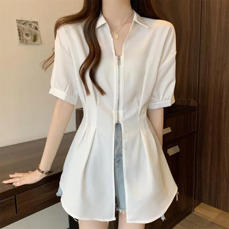 kf Se592e4b9e5794ab7a6d9e25d9b29f0d7n Fashion Lapel Zipper Solid Color Folds Chiffon Shirts Female Clothing 2024 Summer New Loose All match