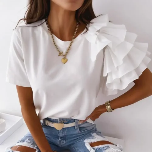 kf Se6027099f28349e893c680da7c9adec6T Fashion blouse women elegant white Solid Color Layered Ruffle Short Sleeve Asymmetric Loose T shirt Top