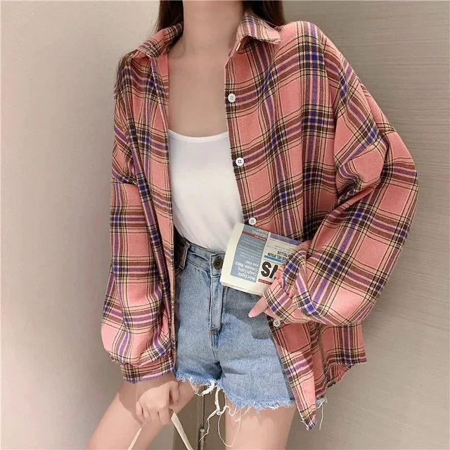 kf Se6853ae13ce64125a719f7574ef378f4G Plaid Shirt Women Autumn Long Sleeve Top Female Vintage Fashion Single Breasted Blouse Ladies Preppy Style