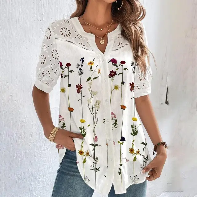 kf Se7ccdcf6f88147d886a68410dbe74258L Temperament Casual Lace Woman Shirt Fashion Loose Shirt Woman Elegant Short Sleeve Blouse Holiday Weekend