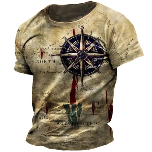 kf Se955e477dd324cc5a34637f4d76c9086g Men s Vintage Nautical Map Compass Print T Shirt Summer Daily Loose Short Sleeve Male Tops