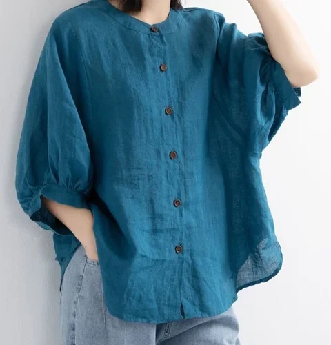 kf Sec66aa42c52041df8331c4d329175bcbE ZOKI Casual Cotton Linen Shirts Oversize Summer Lantern Half Sleeve Tops Summer Korean Loose Mom Button