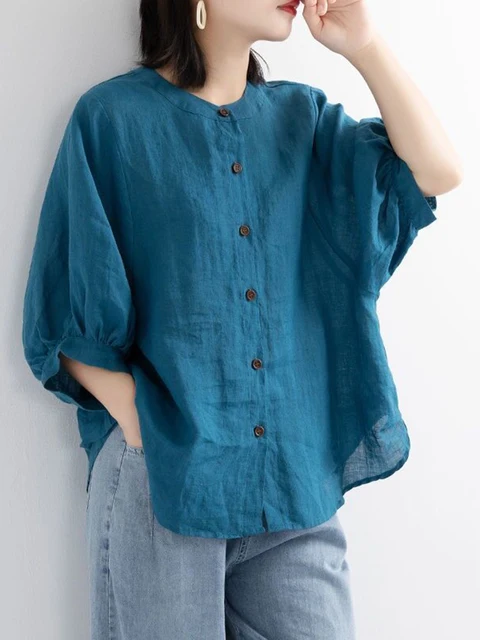 kf Sec66aa42c52041df8331c4d329175bcbE ZOKI Casual Cotton Linen Shirts Oversize Summer Lantern Half Sleeve Tops Summer Korean Loose Mom Button